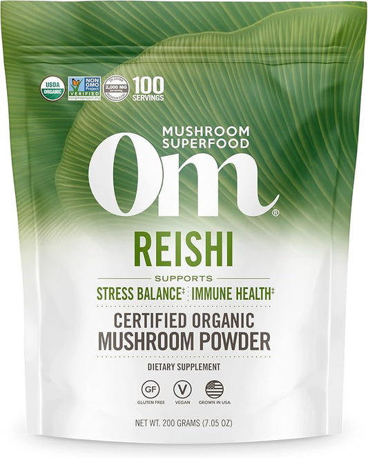 Om Mushroom Superfood Reishi Organic Mushroom Powder, 7.05 Ounce Pouch, 100 Servings, Adaptogen, Stress & Immune Support, Superfood Mushroom Supplement