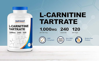 Nutricost L-Carnitine Tartrate 500mg, 240 Capsules - 1000mg Per Serving (3 Bottles)