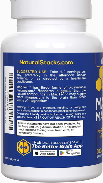 MagTech Magnesium Supplement - Chelated Magnesium Complex - 3 Forms of Magnesium: Magtein Magnesium L-Threonate, Glycinate & Taurate - Supports Relaxation & Brain Health*, 180 Magnesium Capsules