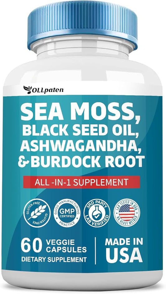 Sea Moss 3000mg Ashwagandha 1000mg Black 2000mg Turmeric 1000mg Burdock 1000mg Bladderwrack 1000mg & D3 Elderberry 60 Capsules
