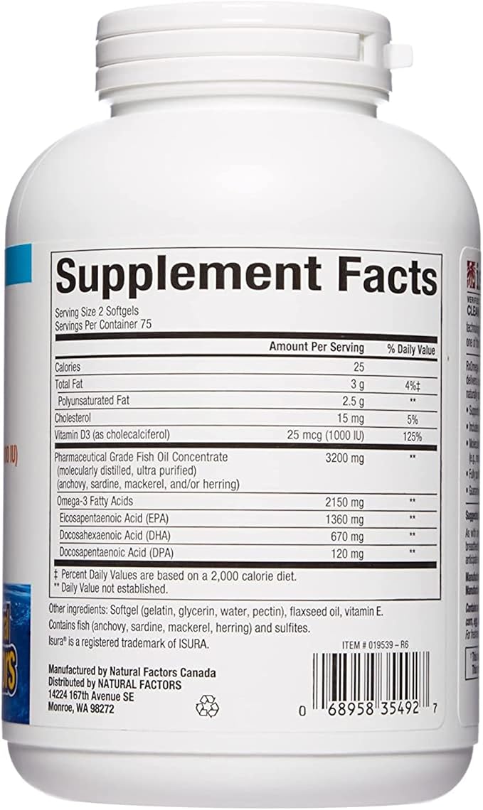 Natural Factors, Ultra Strength RxOmega-3 Fish D3, High 2,150 mg Omega-3 Per 150 Count 1)