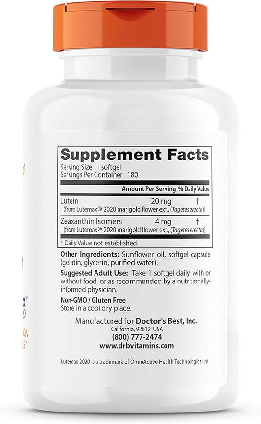 Doctor's Best Lutein Featuring Lutemax, Non-GMO, 20 mg, 180 Softgels