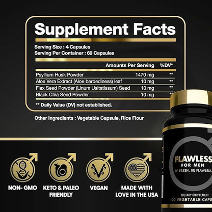 USA'S Most Fiber Rich Supplement 120 Capsules Mega Dose 3000mg Blend Psyllium Husk, Aloe Vera, Chia Seed & Flaxseed Powder Gut Health, Cleanliness, Constipation