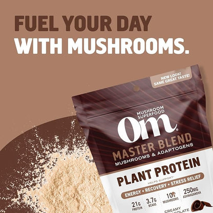 OM MUSHROOM SUPERFOOD Master Blend Plant-Based Protein Powder, 19.26 Ounce, 16 Servings, Creamy Chocolate Protein with 10 Mushroom Complex, Lions Mane, Adaptogens for Optimal Health and Recovery