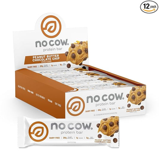 No Cow High Protein Bars, Peanut Butter Chocolate Chip - Healthy Snacks, 20g Vegan Protein, High Fiber, Low Sugar, Dairy & Gluten Free (12 Count)