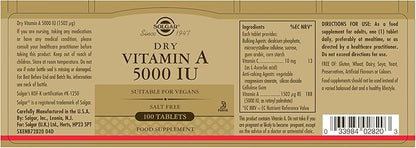 SOLGAR Dry Vitamin A 1500 mcg (5000 IU), 100 Tablets 100 Servings 2)