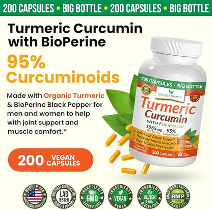 Turmeric Curcumin with Black Pepper - Organic Turmeric Powder - 200 Capsules - 1965mg Extra Strength, Joint Support Supplement - High Absorption, BioPerine Extract, High Potency, Vegan - Made in USA