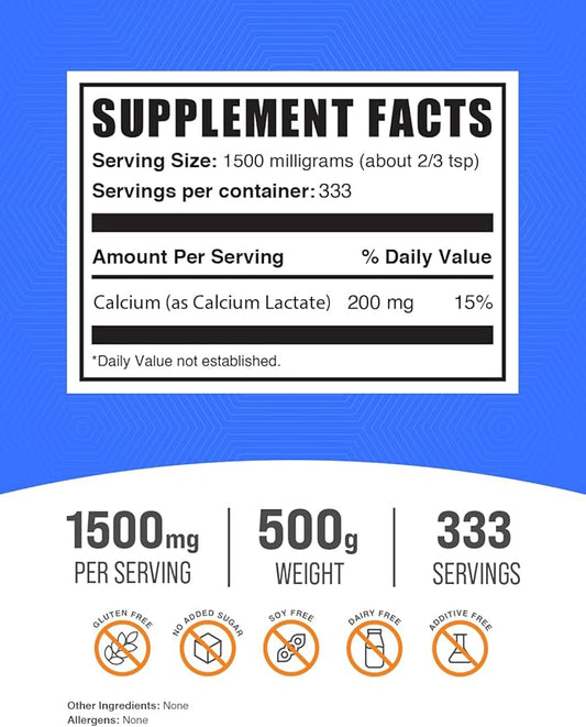 BulkSupplements.com Calcium Lactate Powder - Calcium Supplement, Calcium Lactate Food Grade - Calcium Lactate Supplement, 1500mg per Serving (200mg Calcium), 500g (1.1 lbs) (Pack of 1)