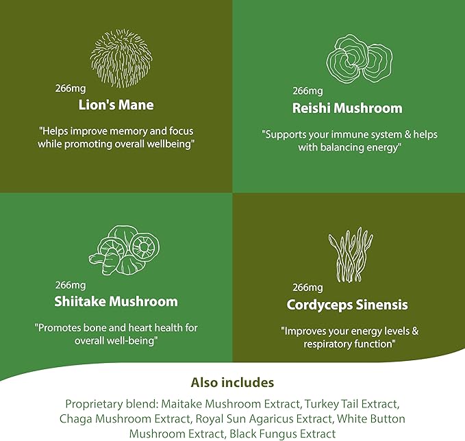 Mushroom Supplement -10 Mushrooms Blend, Reishi,