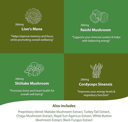 Mushroom Supplement -10 Mushrooms Blend, Reishi,