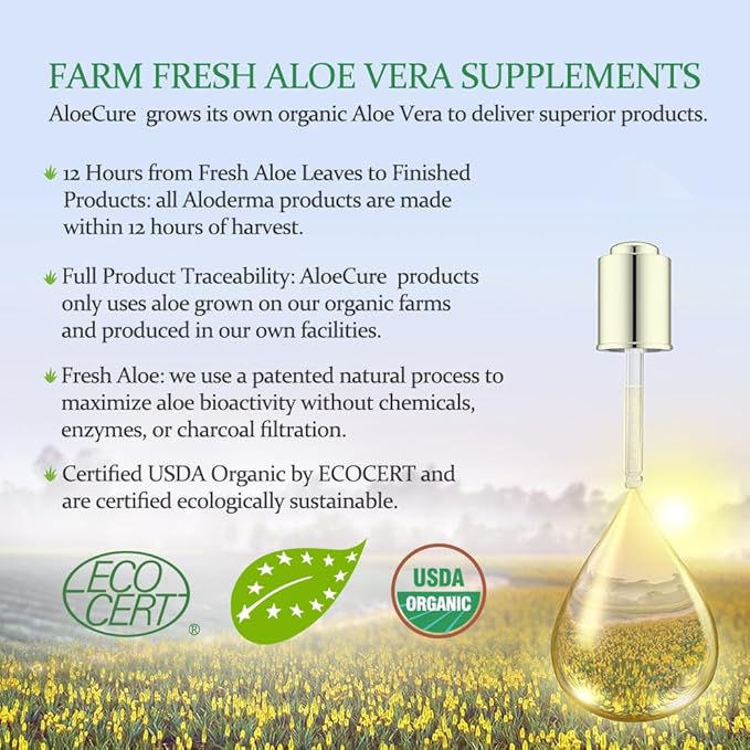 AloeCure USDA Organic Aloe Vera Juice Made Within 12 Hrs of Harvest - Pure Aloe Juice Natural Digestive Supplement to Support Digestion, Immune System and Balanced Stomach Acidity, 500ml Bottle