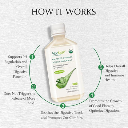 AloeCure USDA Organic Aloe Vera Juice Made Within 12 Hrs of Harvest - Pure Aloe Juice Natural Digestive Supplement to Support Digestion, Immune System and Balanced Stomach Acidity, 500ml Bottle