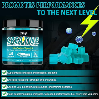 Creatine Monohydrate 6200 mg Soft Gummies for Men and Women - with Taurine and Vitamin B12, Enhances Energy -Muscular - Endurance - Vegetarian - Workout Supplement - Blueberry Gummies(120 Count)