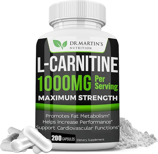 DR. MARTIN'S NUTRITION Extra Strength L-Carnitine - 200 Capsules - 1000mg Per Serving - Boost Your Metabolism and Increase Performance