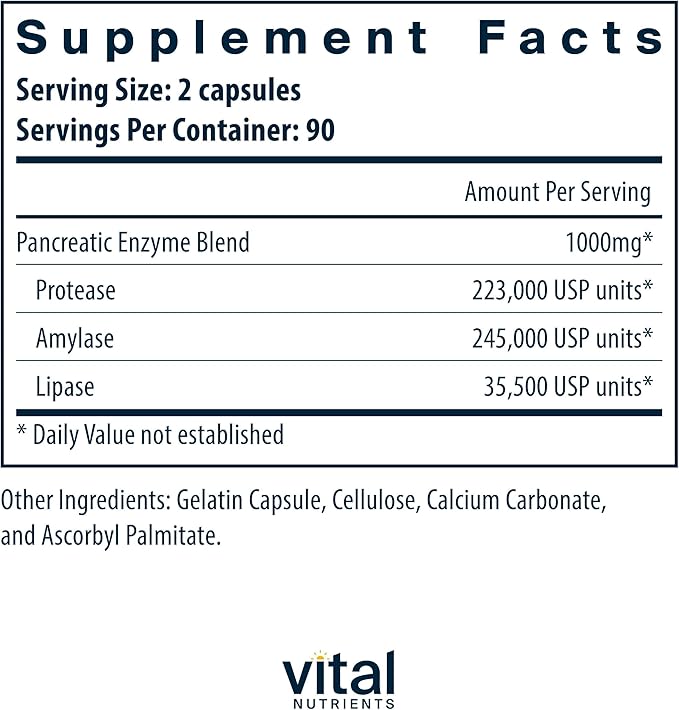 Vital Nutrients Pancreatic Enzymes 1000mg (Full Strength) 180 Capsules