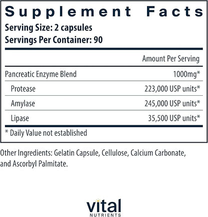 Vital Nutrients Pancreatic Enzymes 1000mg (Full Strength) 180 Capsules