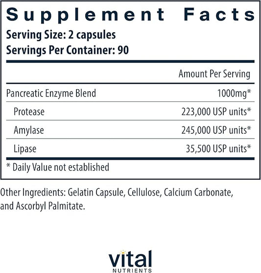 Vital Nutrients Pancreatic Enzymes 1000mg (Full Strength) 180 Capsules