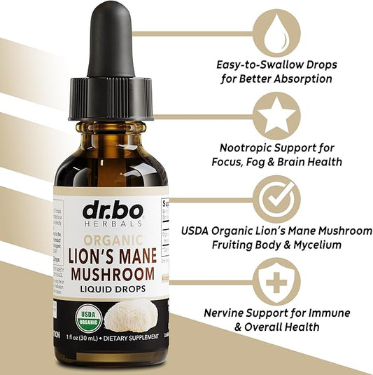 Lions Mane Mushroom Supplement Drops - Organic Lion's Mane Mushroom Liquid Tincture for Focus, Fog, Brain Health Supplements - Vegan Herbal Nervine, Nootropic Organic Lions Mane Supplement Extract 1oz