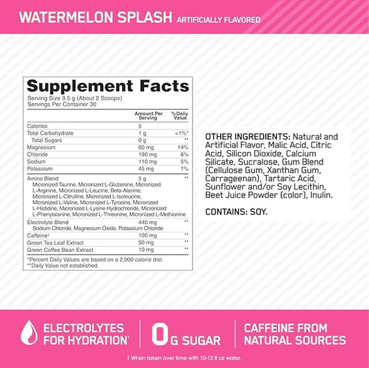 Optimum Nutrition Amino Energy Powder Plus Hydration, with BCAA, Electrolytes, and Caffeine, Watermelon Splash, 30 Servings (Packaging May Vary)