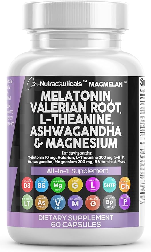 Clean Nutraceuticals Melatonin 10mg Valerian Root 6000mg L 200mg Ashwagandha 4000mg - 60 Caps