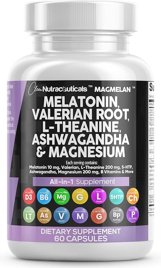 Clean Nutraceuticals Melatonin 10mg Valerian Root 6000mg L 200mg Ashwagandha 4000mg - 60 Caps