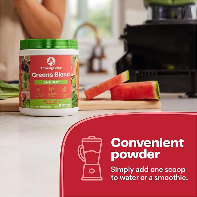 Amazing Grass Greens Superfood Energy: Greens Powder with Plant Based Caffeine, Matcha Green Tea & Beet Root Powder, Watermelon, 60 Servings (Packaging May Vary)
