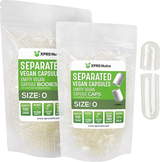 XPRS Nutra Vegan Size 0 Separated Capsules - 500 Count Premium Empty Capsules Separated in Bags - Clear Separated Empty 0 Capsules - Pill Capsules Empty for DIY Supplement Filling