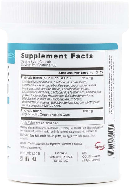 NatureWise Probiotics 60 Billion CFU - 17 Strains + Organic Prebiotics - Immune, Digestive & Gut Health Support for Women & Men - Vegetarian, Gluten-Free, Non-GMO - 30 Capsules[1-Month Supply]