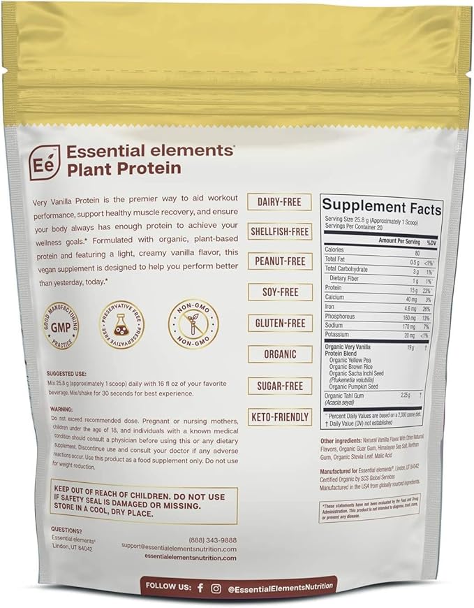 Essential Elements Organic Pea Protein Powder 20 Servings, 18oz