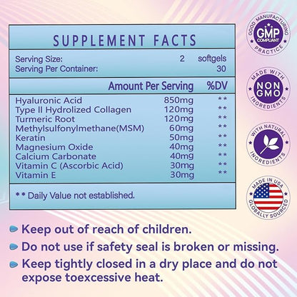 Hyaluronic Acid Supplements, 850mg High Bioavailable Dietary Hyaluronic Acid Capsules, Double Strength Skin Hydration, Joint Lubrication, Eye Health, Hair & Nails Growth Support, 60 Softgels, 2 Pack