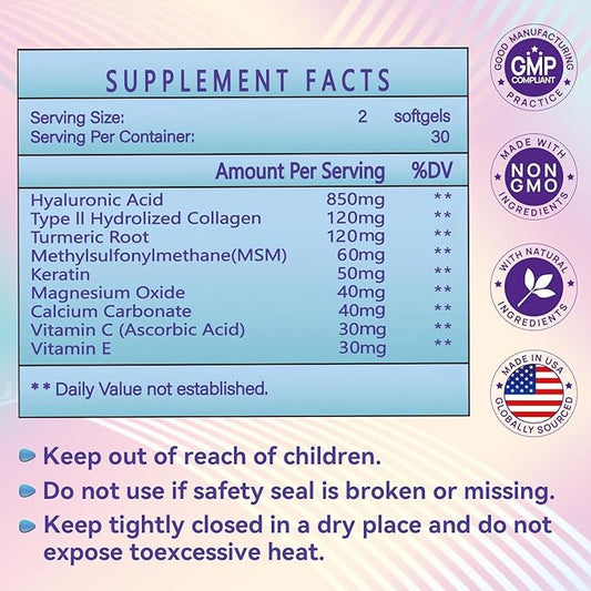 Hyaluronic Acid Supplements, 850mg High Bioavailable Dietary Hyaluronic Acid Capsules, Double Strength Skin Hydration, Joint Lubrication, Eye Health, Hair & Nails Growth Support, 60 Softgels, 2 Pack