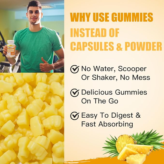 Creatine Monohydrate Gummies 5000mg for Men & Women, Chewables Creatine Monohydrate for Muscle Strength, Muscle Builder, Energy Boost, Pre-Workout Supplement-90 Pineapple Gummies