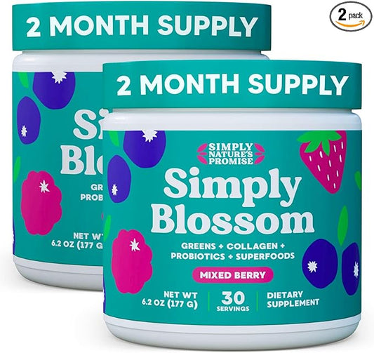 Simply Nature's Promise Blossom Nutrition - Daily Greens & Superfood Powder + Collagen + Probiotics for Women's Digestive Health & Bloating Relief. Help Your Health Bloom - 2 Month Supply