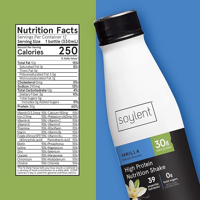 Soylent Complete Protein Shake, Vanilla, 30g Protein, Vegan, Dairy Free and 0g Sugar, Ready to Drink Protein Drinks, 11oz (12 Pack)