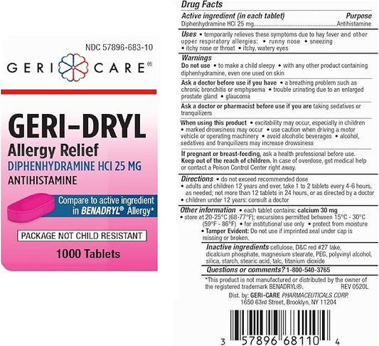 GeriCare Geri-Dryl Diphenhydramine HCl 25mg, Allergy 1000 Count 1)