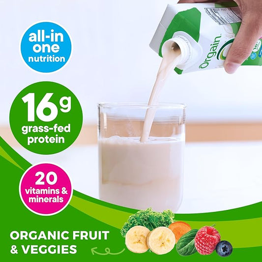 Orgain Organic Nutritional Protein Shake, Vanilla Bean 16g Grass 20 Vitamins 11 Fl (12 Pack)