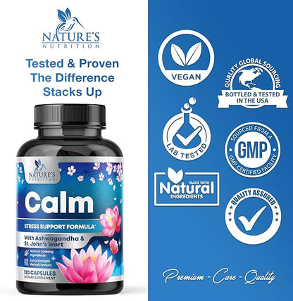Stress Support Supplements for Mood & 5-HTP, L-Theanine 120 Capsules