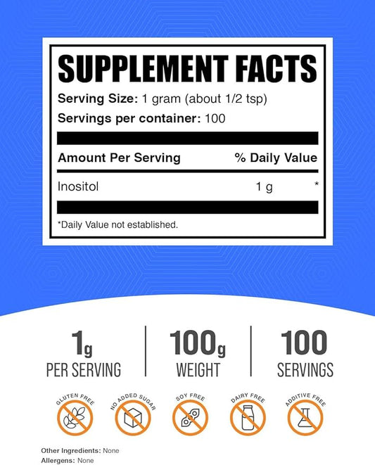 BulkSupplements.com Inositol Powder - Inositol Supplement, Vitamin B8 Powder, Inositol 1000mg - Unflavored & Gluten Free, 1000mg per Serving, 100g (3.5 oz) (Pack of 1)