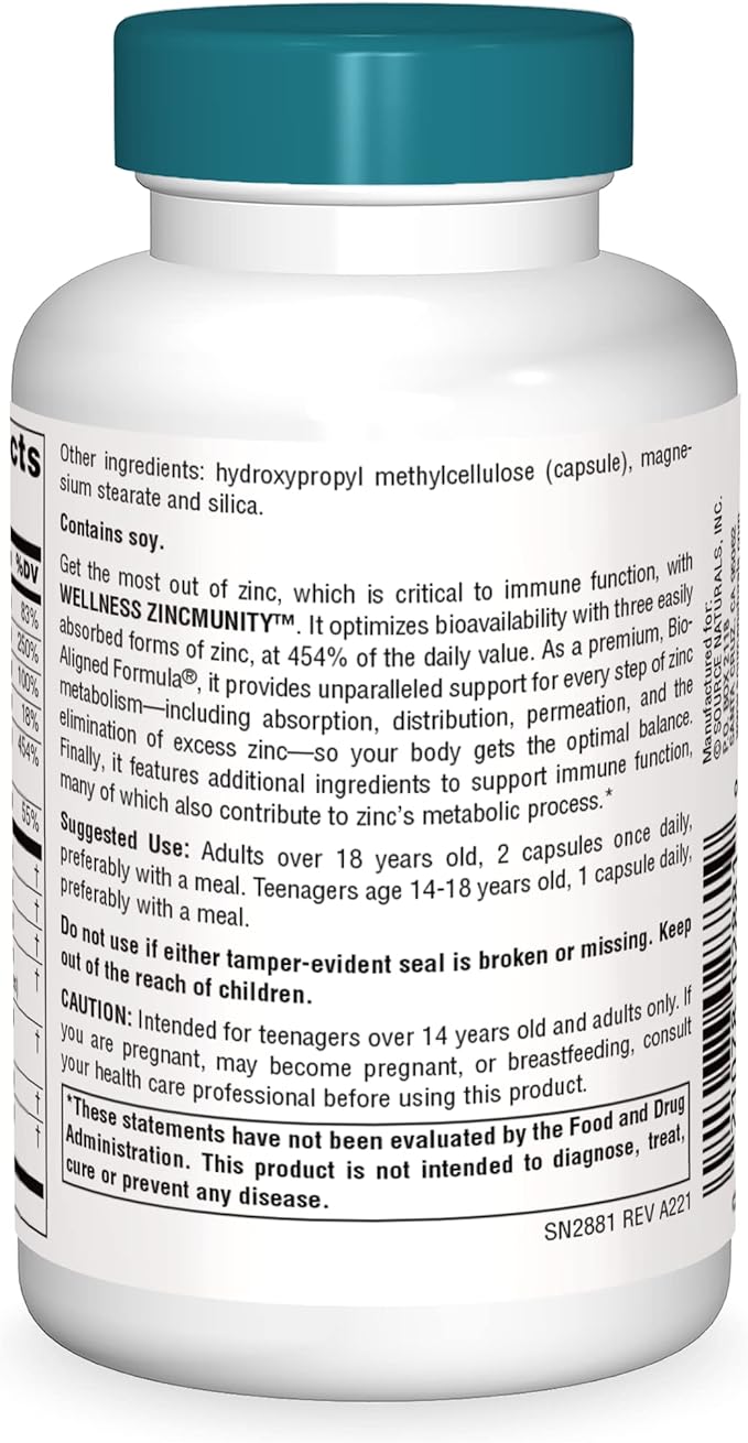 Source Naturals Wellness ZincMunity, Supports Zinc 50 mg 60 Vegetarian