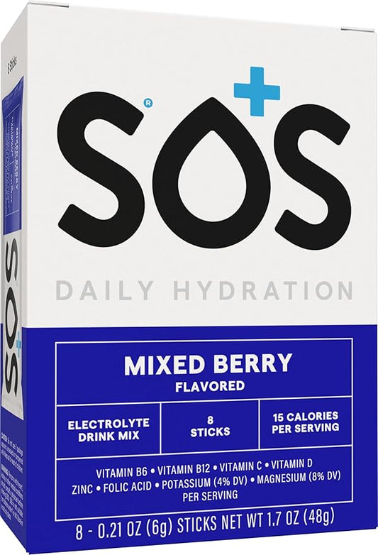 SOS Hydration Electrolyte Powder Packets, Mixed Berry Flavor, 8 Stick Packs – Low-Calorie, Rapid Rehydration, Made in USA, Keto & Vegan Friendly