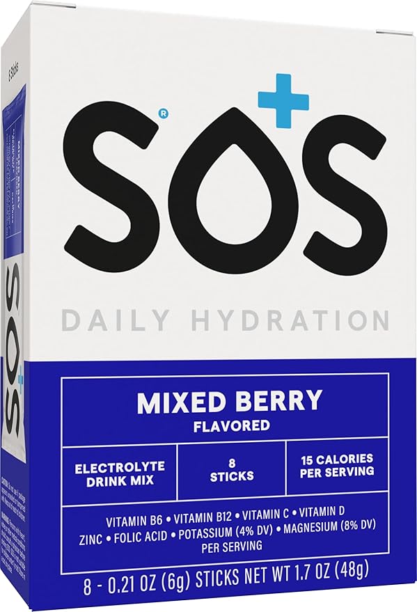 SOS Hydration Electrolyte Powder Packets, Mixed Berry Flavor, 8 Stick Packs – Low-Calorie, Rapid Rehydration, Made in USA, Keto & Vegan Friendly
