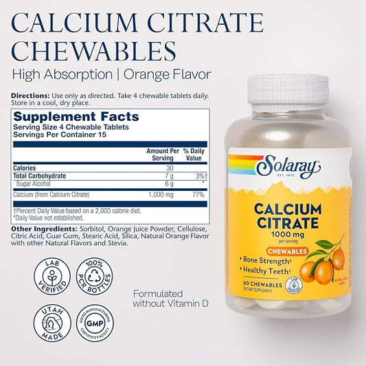 Solaray Calcium Citrate 1000 mg, Natural 60-Day Guarantee, 15 Servings, 60 Chewables