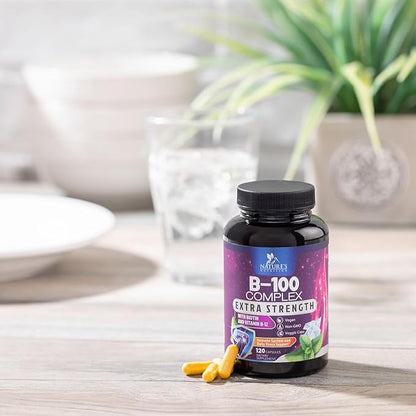 Vitamin B Complex Capsules with Vitamins B1 B2 B3 B6 B12 B100 C Biotin Folate & Folic Acid - Supplement for Energy, Brain, & Immune Support - Super B Vitamin Complex for Women & Men - 120 Vegan Pills