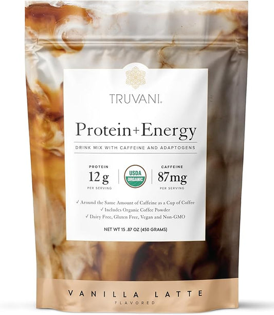 Truvani Protein + Energy Drink Mix with 87mg Caffeine | Vanilla Latte | 12g Organic Plant Based Protein | 20 Servings | USDA Organic Coffee Powder & Adaptogens | Gluten & Dairy Free | Vegan | Non-GMO