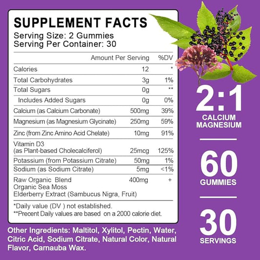 Sugar Free Calcium Magnesium Zinc Gummies with Elderberry and Sea Moss, Calcium Magnesium 2:1, Magnesium Glycinate, Potassium and Vitamin D3 for Bones, Muscles, Calm Mood & Sleep Support, 60 Gummies