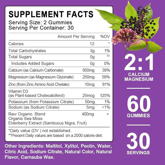 (2 Pack) Sugar Free Calcium Magnesium Zinc Gummies, Calcium Magnesium 2:1, Contains Magnesium Glycinate, Vitamin D3, Sea Moss, for Bones, Muscles, Calm Mood & Sleep Support, Vegan, 120 Gummies