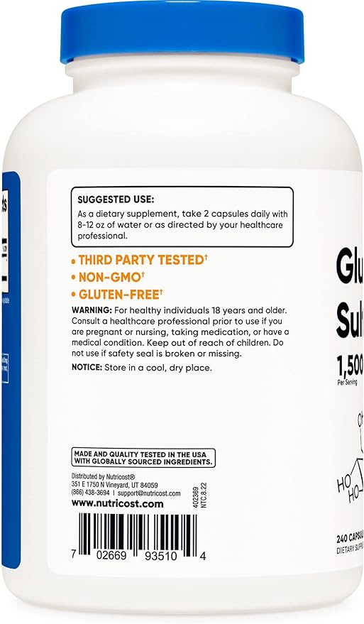 Nutricost Glucosamine Sulfate 750mg, 240 Capsules (1500mg Per
