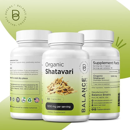 Organic Shatavari 1200mg, 60 Capsules - Lactation Support Vitamins, Hormonal Balance for Women, Asparagus Racemosus Root