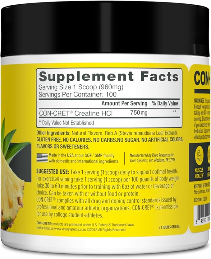 Creatine HCl Powder | Muscle, Cognitive, Cellular Energy Support | No Bloating or Cramps | USA Made & NSF Certified | Pineapple (100 Serving)
