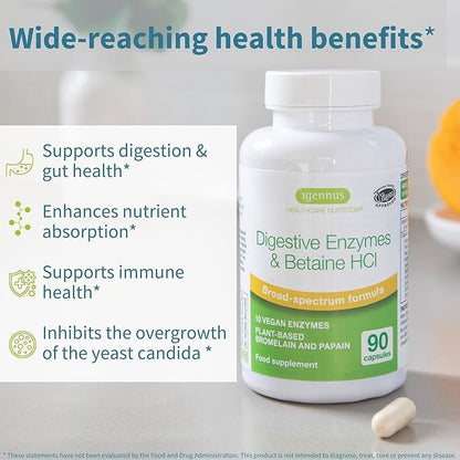 Advanced Digestive Enzymes & Betaine HCl, with Protease, Broad Spectrum, Lipase & Lactase, Plant-Based Vegan Papain & Bromelain, Clean Label, 90 Capsules, by Igennus